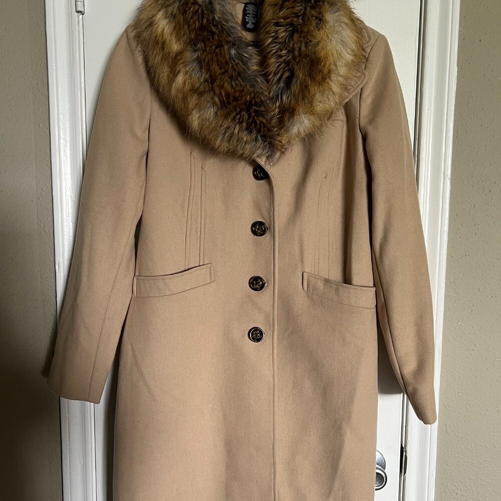 Moda International Victoria's Secret Tan Faux Fur Trim Longline Wool Peacoat XL